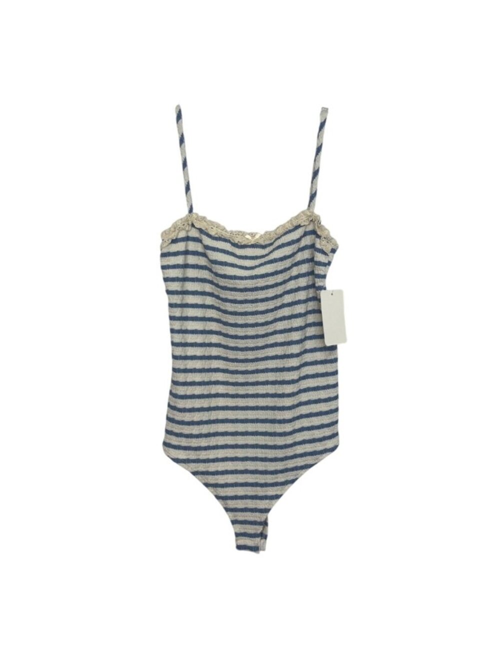 Gaze Bodysuit Striped Lace Trim Snap Closure Large Blue White New